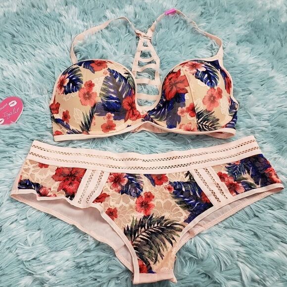 VS Pink Floral Light Lined Bra & Cheekster 32 DD/L - Picture 1 of 5